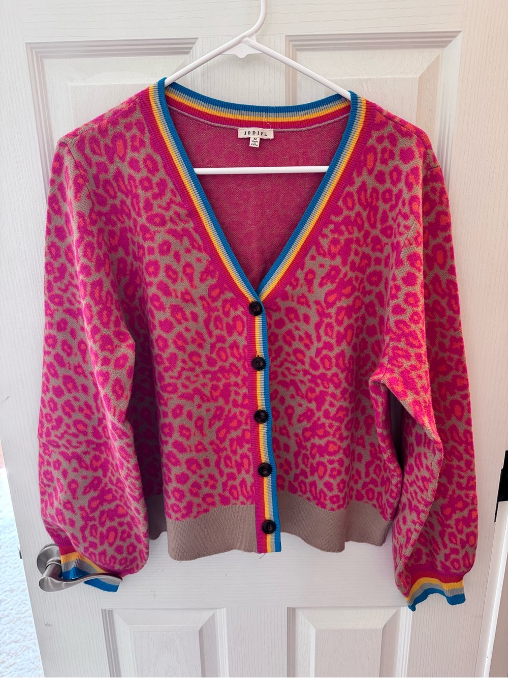 JODIFL Hot Pink Leopard Print V-Neck Cardigan with Multicolor Trim